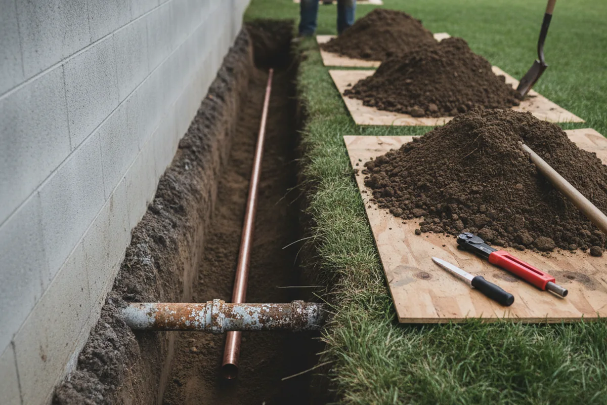 Excavated water line trench during Sewer Line Repair in West Harrison